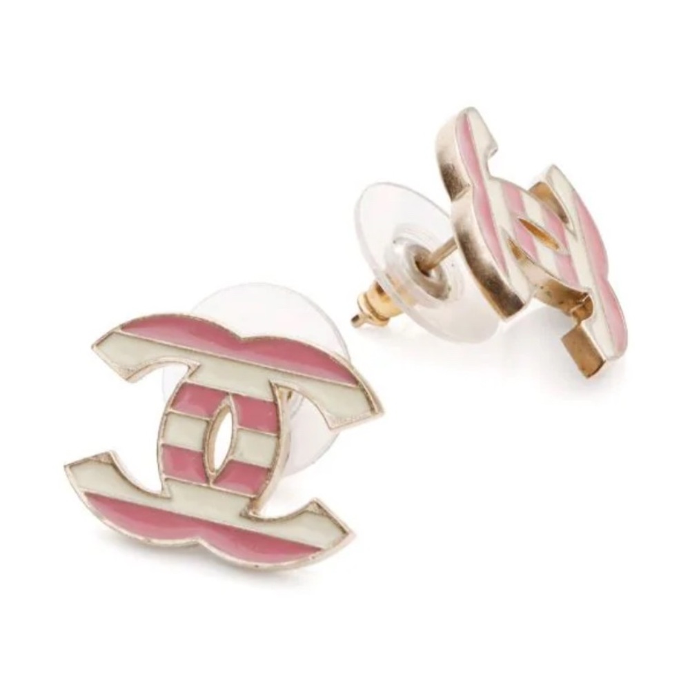Chanel Pink and White Striped Logo Earrings - Picture 2 of 6